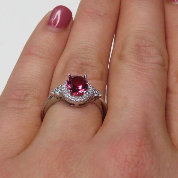 Zales Ruby & Cubic Zirconia Halo Sterling Silver Ring Size 7 SYNTHETIC - Picture 4 of 12